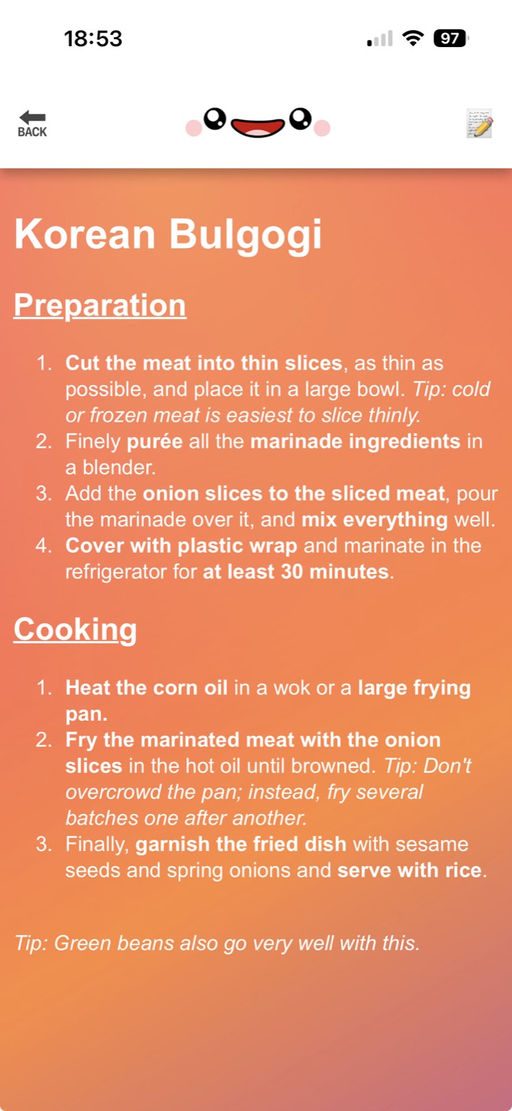 The list infos in the MerkIchMir app holding a recipe method – preparation and cooking as numbered steps